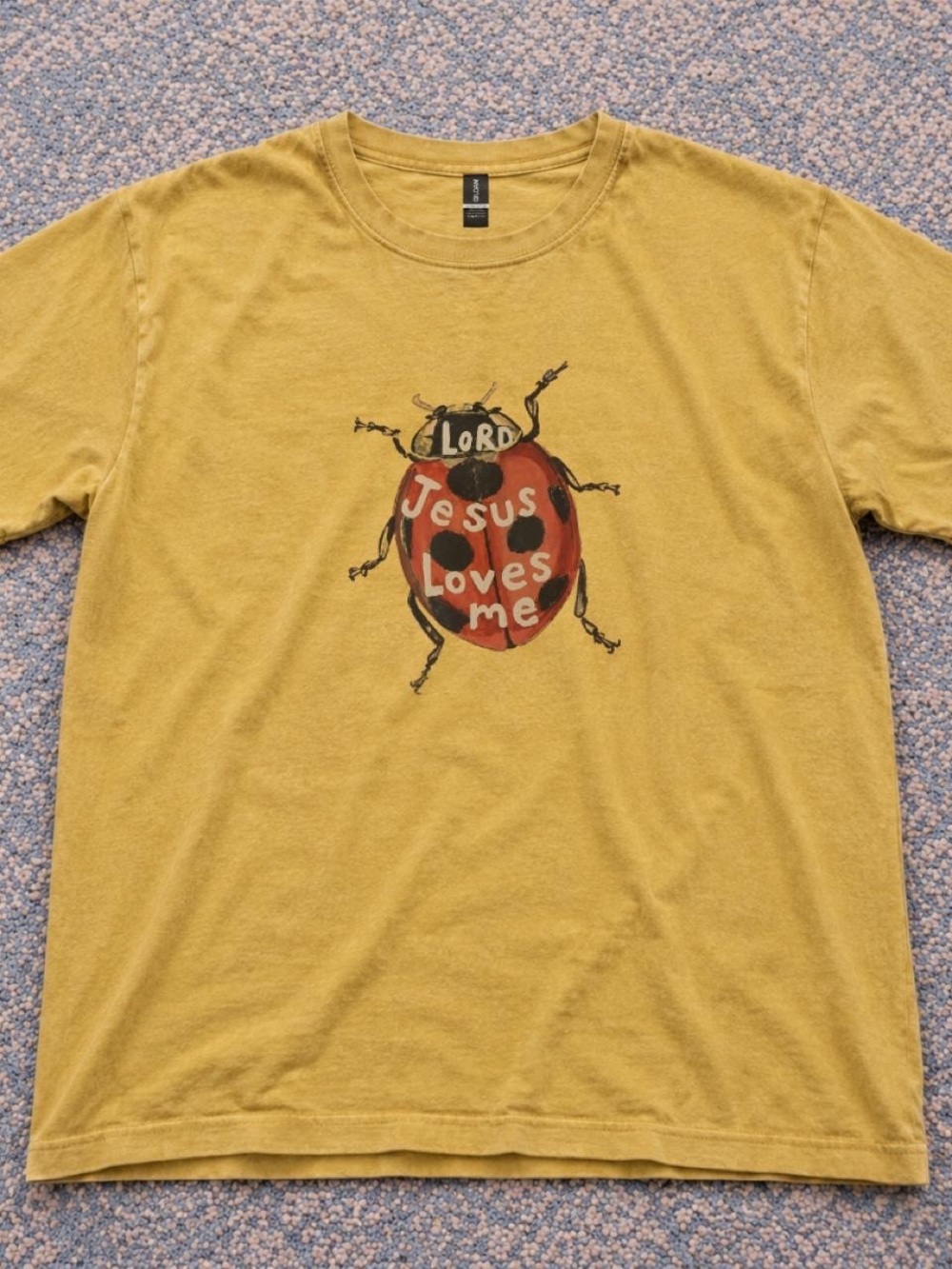 Gildan Mustard Yellow Short Sleeve Tee with Ladybug Jesus Graphic